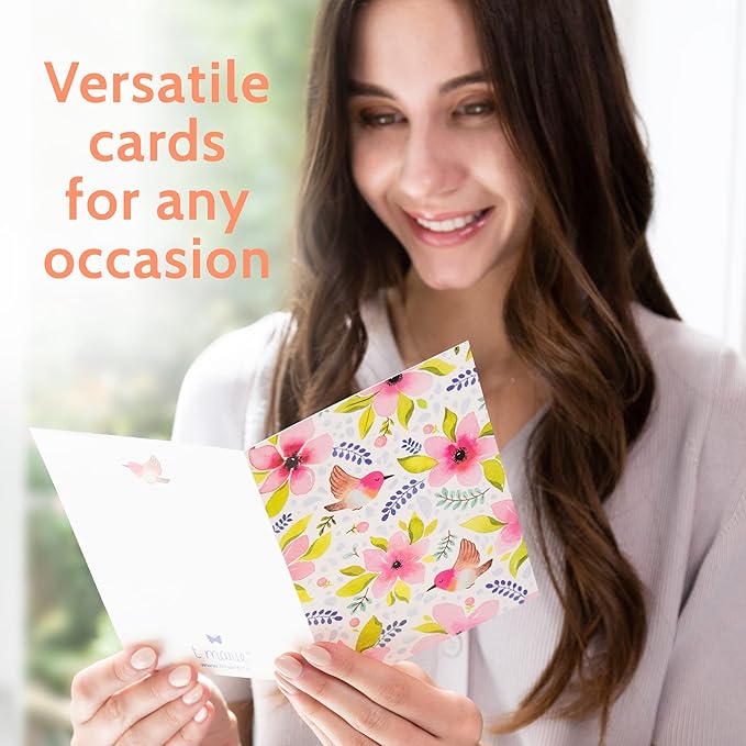 T MARIE 24 Blank Greeting Cards 4.5” x 6.25” with Envelopes and Stickers, Card Assortment Pack for All Occasions - Floral Watercolor Birds Boxed Set