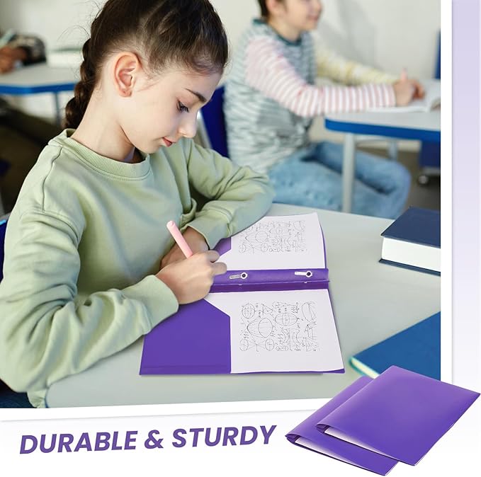 Yeaqee 30 Pcs Plastic Folders with Pockets and Prong Plastic Folders with 2 Pockets Pocket for Office, School for Students, Teachers, Office Workers (Purple)