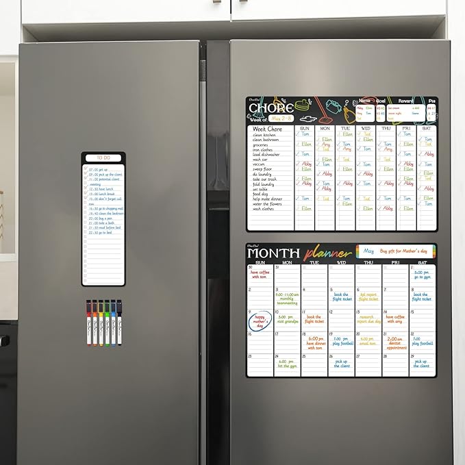 Magnetic Dry Erase Chore Chart & Monthly Planner - 17x12 Chore Chart & Monthly Calendar - 4"x12" List Pad - 6 Extra Fine Point Markers Included - Shipped Flat