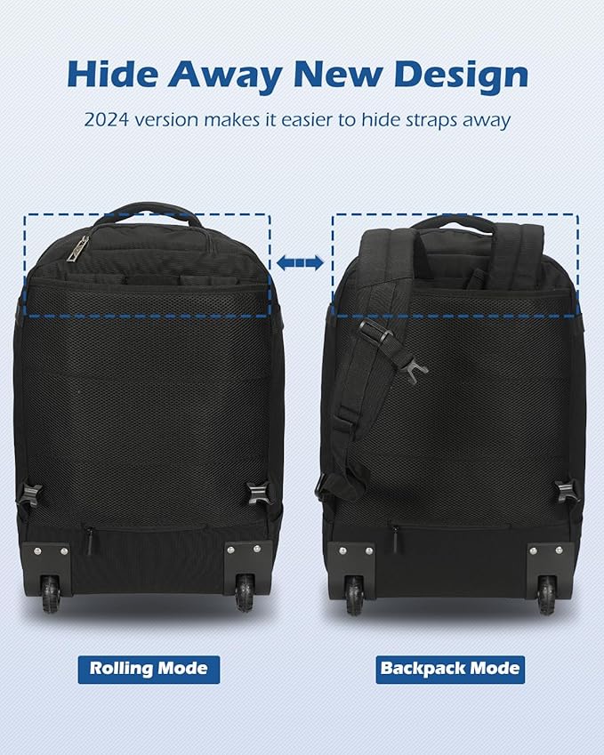 Hynes Eagle Rolling Backpack 42L Backpack with Wheels Airline Approved Carry on Luggage Laptop Travel Backpack for Women Men Black-2024