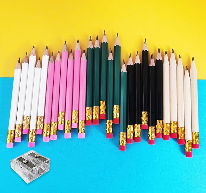 Adhere 25pcs Golf Pencils with eraser Hexagon Wooden Pencils Graphite 2B for Golf Event Scoring,Classroom,Wedding,Company Meetings,Pew, Pocket (Black・White・Green・Pink・Nature・50pcs)