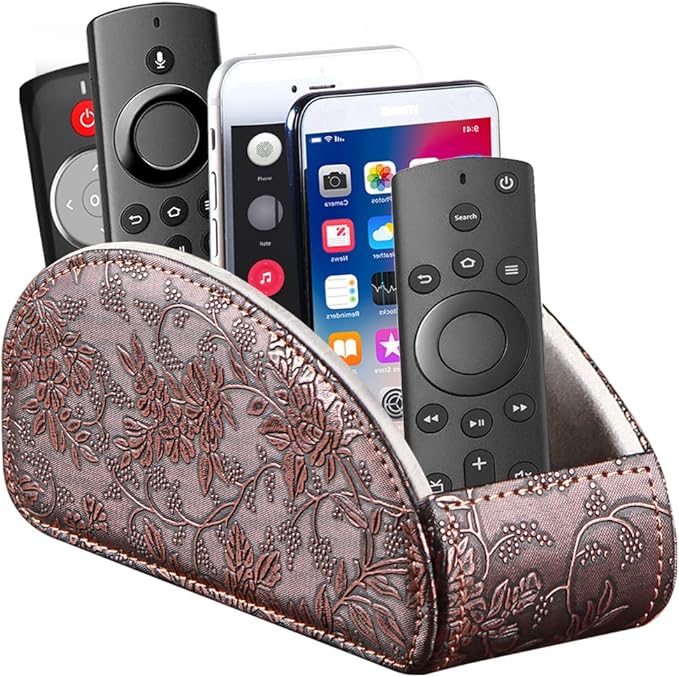 TV Remote Control Holder with 5 Compartments,Pu Leather Remote Caddy/Box/Tray Nightstand Desktop Storage Organizer Store DVD,Blu-Ray,Media Player,Heater Controllers, Makeup Office Supplies