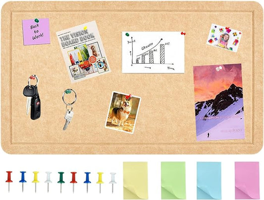 Vuzvuv Wood Brown 28"x16" Large Cork Board with 50 Push Pins & Sticky Notes, Self-Adhesive Bulletin Board No Damage for Wall, Felt Pin Board for Paste Notes, Photos, Schedules Offices Home