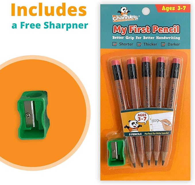 Channie's My First Pencil, Easy-to-Hold Jumbo Pencils for Preschoolers, Kindergarteners & 1st Graders, Brown Wooden 2B Fat Pencils for Kids Ages 3-7, 2 Pack (5 Each) + Sharpener