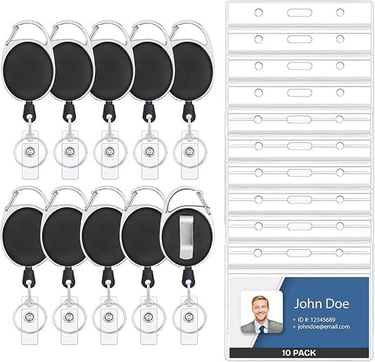 Will Well ID Badge Holders with Clip and Keyring - Horizontal Clear Plastic 3.7" x 2.5" Sleeves Fit Up to 3 Cards - Easy-Access Retractable 24" UHMWPE Fiber Pull Cords - 10-Pack, Black Reels