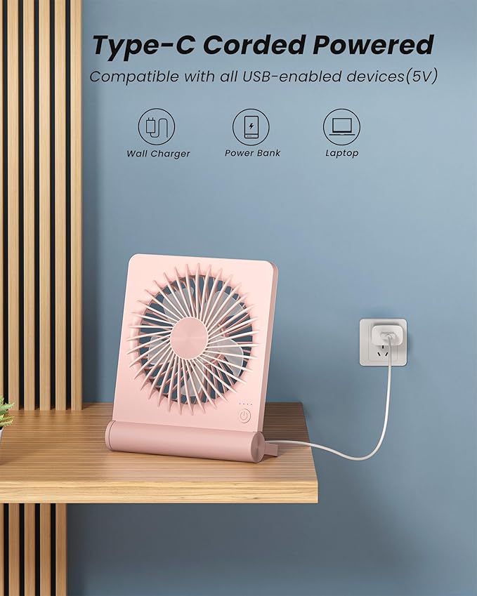 Koonie USB Fan, Strong Wind Ultra Quiet Small Desk Fan 220° Tilt Folding 3 Speeds Adjustable USB-C Corded Powered Personal Fan for Home Office Desktop Pink
