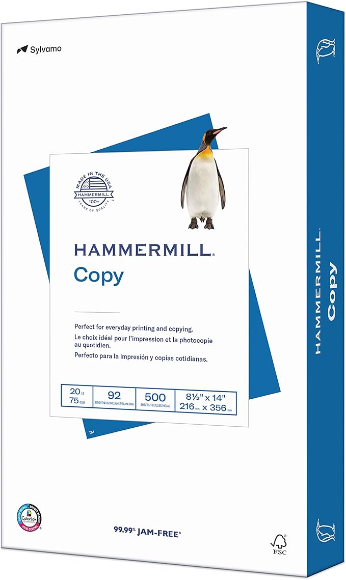 Hammermill Printer Paper, 20 lb Copy Paper, 8.5 x 14 - 1 Ream (500 Sheets) - 92 Bright, Made in the USA