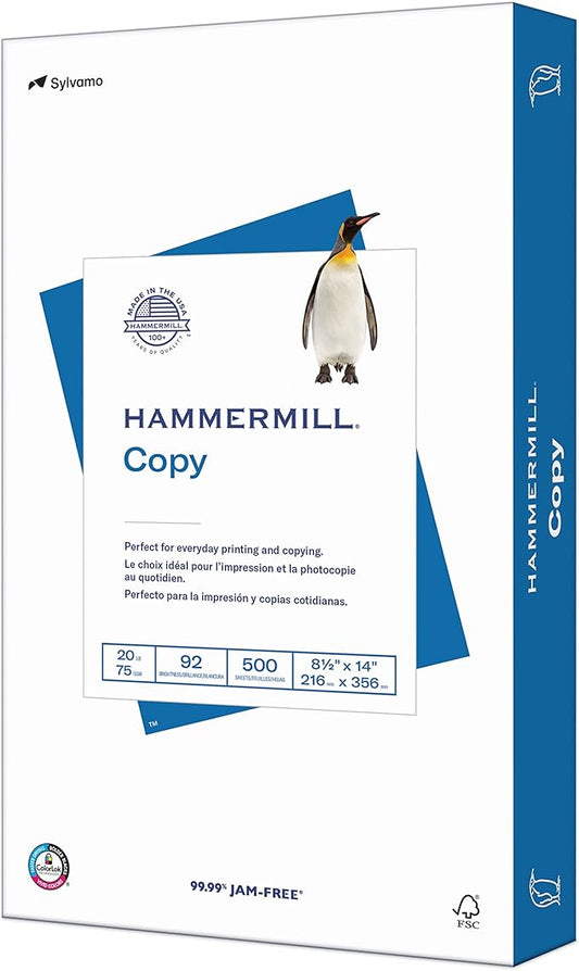 Hammermill Printer Paper, 20 lb Copy Paper, 8.5 x 14 - 1 Ream (500 Sheets) - 92 Bright, Made in the USA