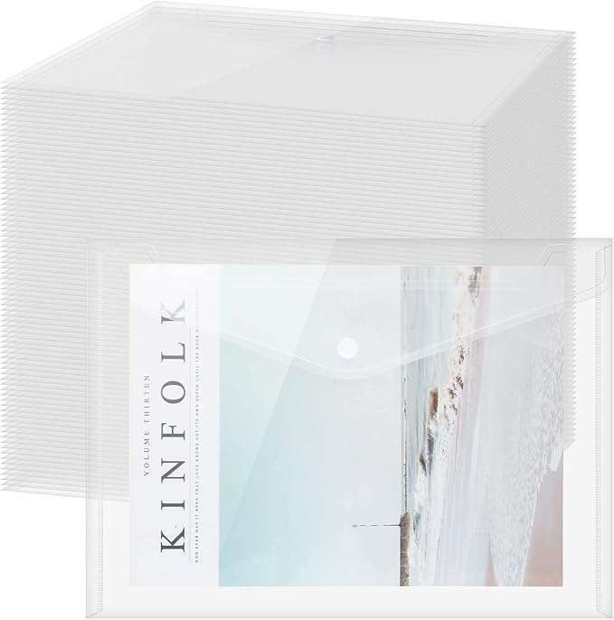 Zhehao 100 Pcs Clear Envelopes with Snap Button Closure A4 Letter Size Plastic Envelope Folder Poly Document File Folders for home Office(Clear,Simple Style)