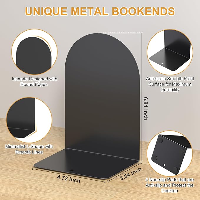 Bookends 2 Pairs, Metal Round Book Ends, Bookends for Shelves, Book Ends for Desk, Book End to Hold Books, Book Stopper, Black Bookend for Home Office