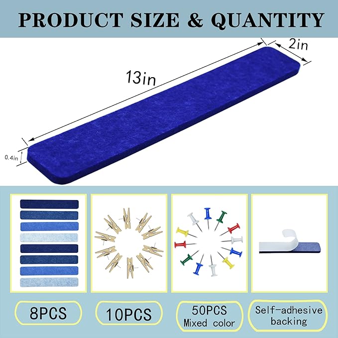 8Pcs Bulletin Board Strips, Blue Felt Pin Board Bar Strips with 50 Pushpins, Self-Adhesive Felt Cork Board Strips for Wall to Display Your Notes, Photos, Schedules, Announcements