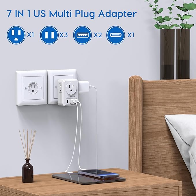 Multi Plug Outlet Extender with USB Ports, Power Strip Non-Surge Protector with 4 Electric Outlets and 3 USB Charger (1 USB C), Multiple Outlets Expander for Cruise Ship, Dorm, Travel Essentials