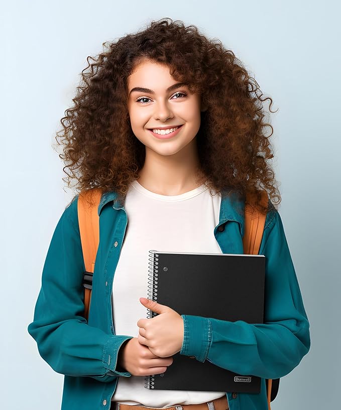 Dunwell College Ruled Spiral Notebook (Black), 1 Subject Notebook 8.5 x 11 for School, Plastic Cover, Pocket Divider, 100 Sheets (200 Pages), 3-Hole Punched Perforated 8 1/2 x 11 Paper