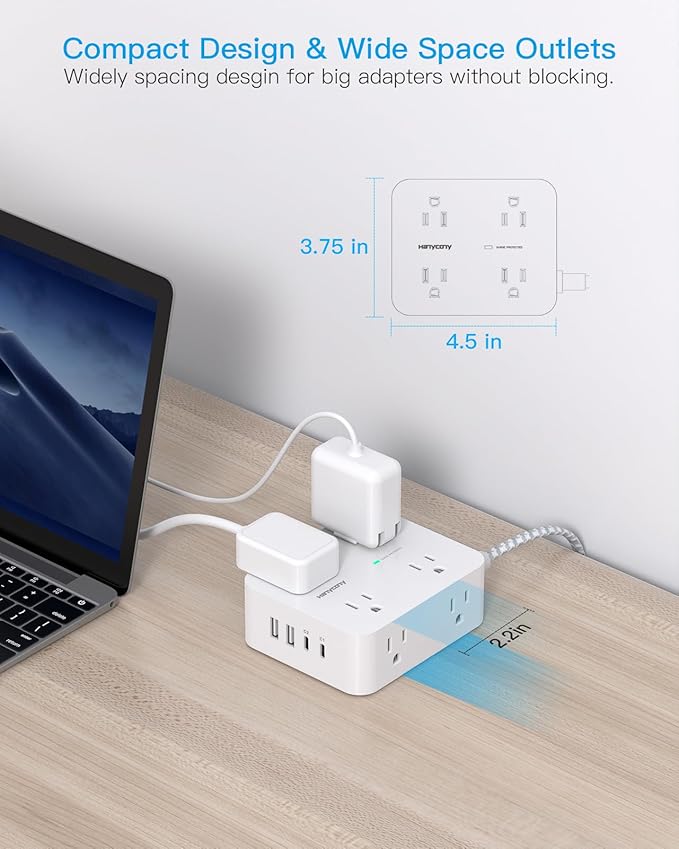 PD 30W USB C Power Strip Surge Protecor, 8 Outlets 4 USB Fast Charger (2 USB C Ports), 1080J Desk Charging Station for Multiple Devices, 6 Ft Flat Plug Extension Cord for College Dorm Room Essentials