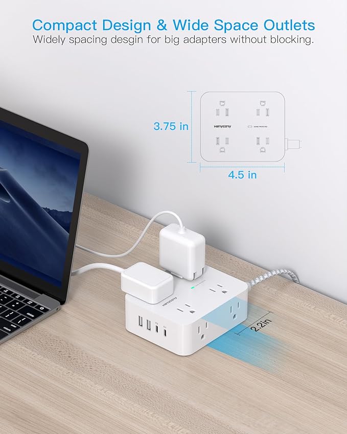 PD 30W USB C Power Strip 15Ft, 8 Outlets Surge Protector 4 USB Fast Charger (2 USB C Ports), 1080J Desk Charging Station for Multiple Devices, Flat Plug Extension Cord for College Dorm Room Essentials