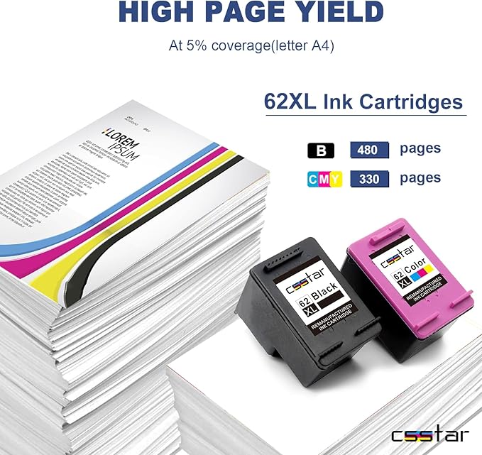 CSSTAR 62 XL Ink Cartridges Compatible Replacement Work with Envy 5660 5540 5640 7644 OfficeJet 8040 200 250 5741 5740 Printer(1 Black,1 Tri-Color)