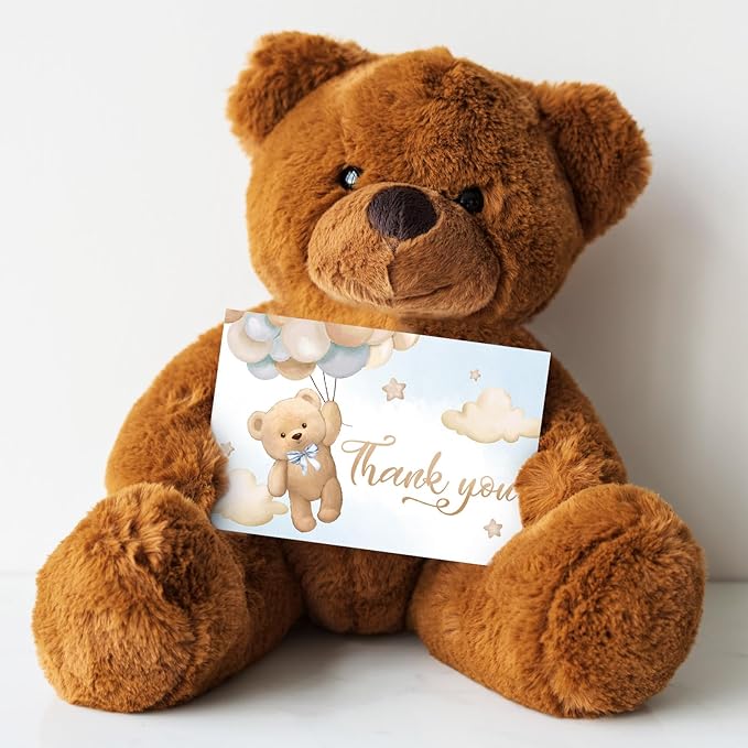 Whaline 24Pcs Bear Thank You Cards Watercolor Bear Balloon Greeting Cards with Envelope Stickers Cartoon Blank Note Cards for Birthday Wedding Baby Shower Party Supplies, 4 x 6 Inch