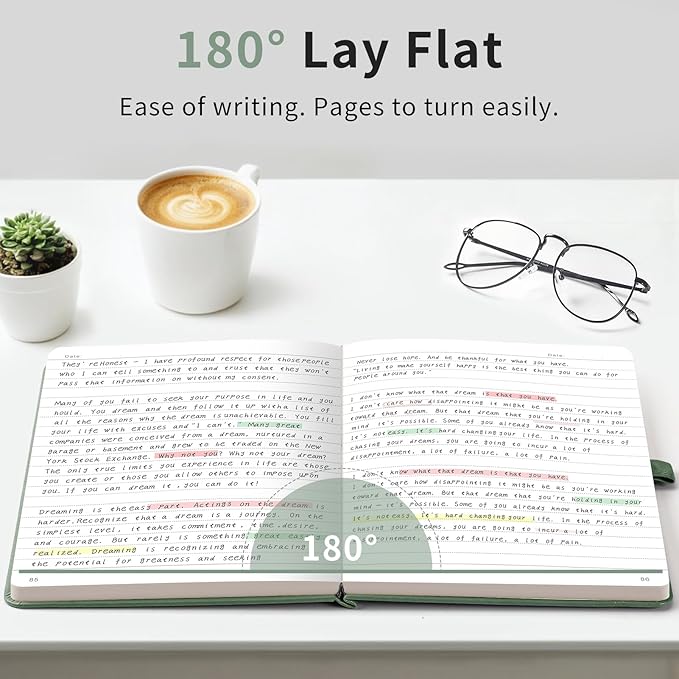 AHGXG Wide Ruled Notebook for School - Lined Journal for Women Men, 192 Numbered Pages, 100 GSM Thick Paper, A5 Hardcover Leather Notebook for Work, Writing, 5.7"×8.3" - Sage Green