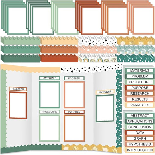 90 Pcs Science Fair Board Supplies 60 Trim Scalloped Bulletin Board Borders 24 Presentation Board Subtitles 6 Science Fair Titles for Classroom Display Boards(Geen Boho)