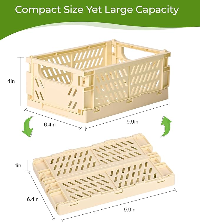 4-Pack Small Pastel Plastic Storage Baskets, Collapsible Crates for Organizing, Space-Saving Mini Bins for Classroom, Kitchen, Office, Bedroom (Yellow, 9.8" x 6.5" x 3.8")