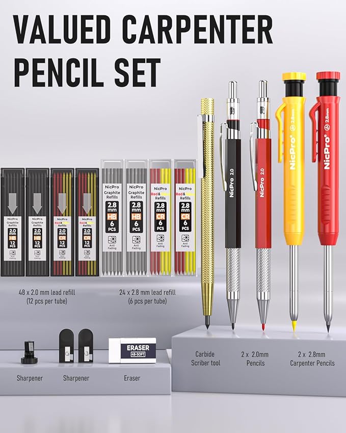 Nicpro 18 Pack Carpenter Pencil Set with Sharpener, Mechanical Carpenter Pencils with 76 Refills and Carbide Scribe Tool, Deep Hole Marker, Heavy Duty Construction Pencil for Architect-With Case