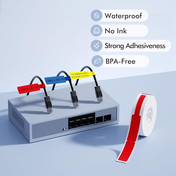 NIIMBOT Red Cable Labels Maker Tape for D11/D110/D101 Label Maker, 0.49'' x 4.29'' -65 Tapes/Roll, Thermal Label Tape for Home Office Labeling Tape Replacement