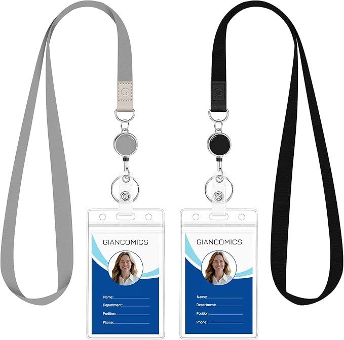 Giancomics Black Lanyards for Id Badges, ID Badge Holder with Retractable Reel, Waterproof Lanyards for Cruise Ships Cards Key with ID Card Holder Office Work Name Tag Zip Type Card Protector 2 Pack