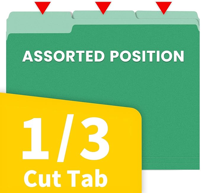 SUNEE File Folders Letter Size Green, 100 Pack Manilla Folders 8.5 x 11 1/3-Cut Tabs, Colored File Folders Office Home School for Documents Files Paper