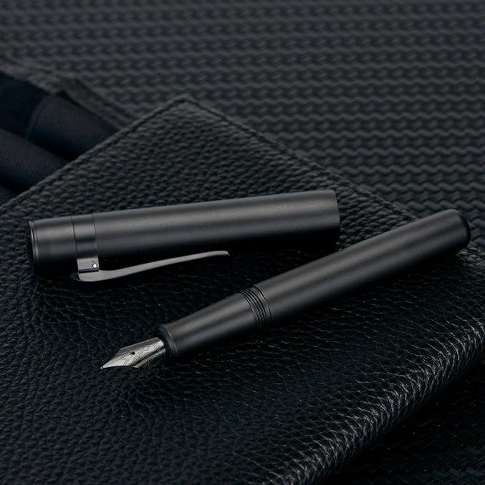 Hongdian M2 Black Forest Mini Fountain Pen, Medium Soft Nib & Sleek Shape Aluminium Short Pocket Travel Pen (Matte Black)