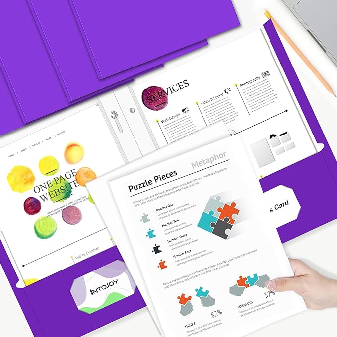 Folders with Pockets,IntoJoy 50 Pack Two Pocket Folders Business Card Holder Paper Folders with Prongs for School Office Filing Cabinet Resume Portfolio (Purple)