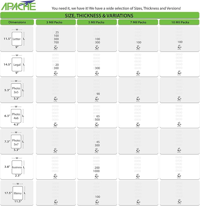 Apache Laminating Pouches 3 mil, for 8.5 x 11 inch Letter Size Paper 9 x 11.5 inch Sheets, 25 Pack