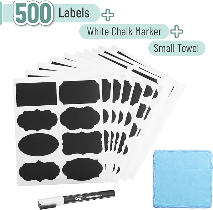 Mr. Pen- Chalkboard Labels, 500 pcs, Assorted Shapes, White Chalk Marker and Small Towel, Labels for Storage Bins and Jars