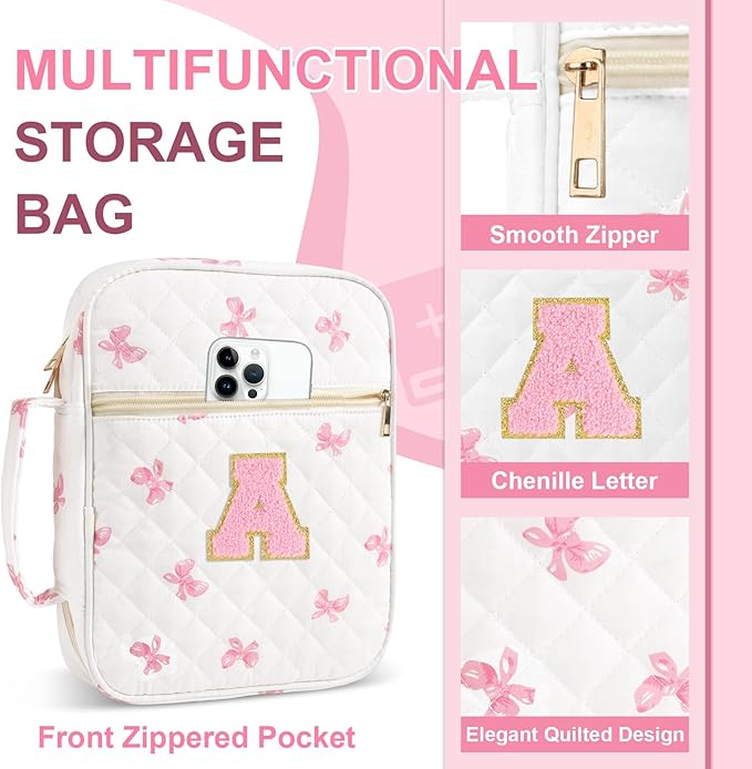 Personalized Initial Bible Cover Case for Women Girls Kid - Large Quilted Bible Case with Handle, Stylish Chenille Letter Bag Study Supplies, Perfect Christmas Gifts for Christians Women (Pink Bow-A)