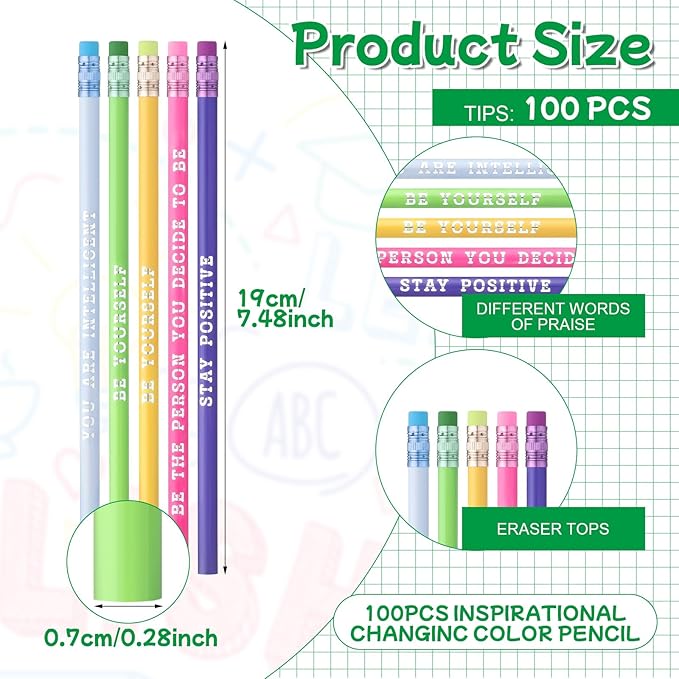 Epakh 100 Pcs Inspirational Pencils Color Changing Pencils Bulk with Eraser HB Wooden Pens Gift for Kids Students Classroom Christmas Party(Bright Colors,Classic Style)