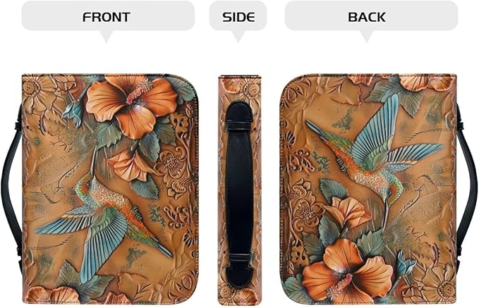Lotusorchid Large Faux Leather Bible Cover, Hummingbird Bible Cover Case for Women with Handle Pocket, Hibiscus Bible Book Carrying Bags Bible Tote Bag, Bible Study Accessories, Orange, M