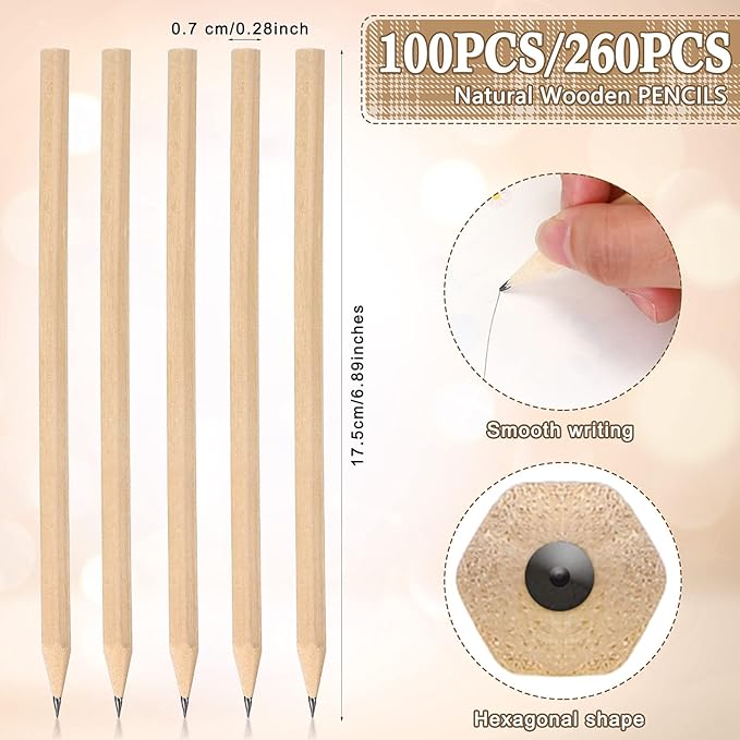 Fumete 260 Pieces Wooden Pencils Bulk No Eraser Hexagonal HB Graphite Unsharpened Natural Wood Pencils Without Erasers for Classroom School Home Office Drawing Sketching Learning
