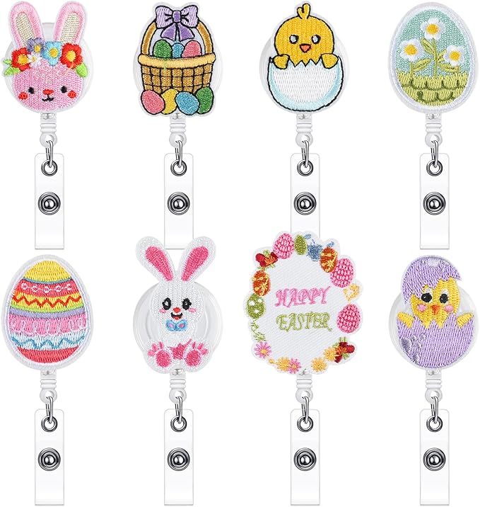 NACHLYNN 8 Pcs Easter Felt Retractable Badge Reels Cute Felt Nurse Badge Reel Holders Name ID Accessories with Retractable Cord for Teacher Student Nurses Gifts