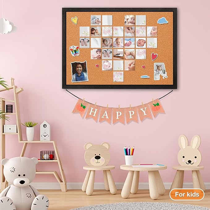 Miratino Cork Board Bulletin Board, 23x18 Inches Wooden Frame Pin Board, Cute Cork Boards for Walls Hanging for Office, Home Decor, School (Pins, Clips, Strings) Black