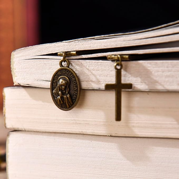 Bookmarks, Handmade Retro Cross Bible Bookmark with Long Leather Straps, Oval Tag Christian Saint Book Mark, Ideal Christian Gift (Style 7)