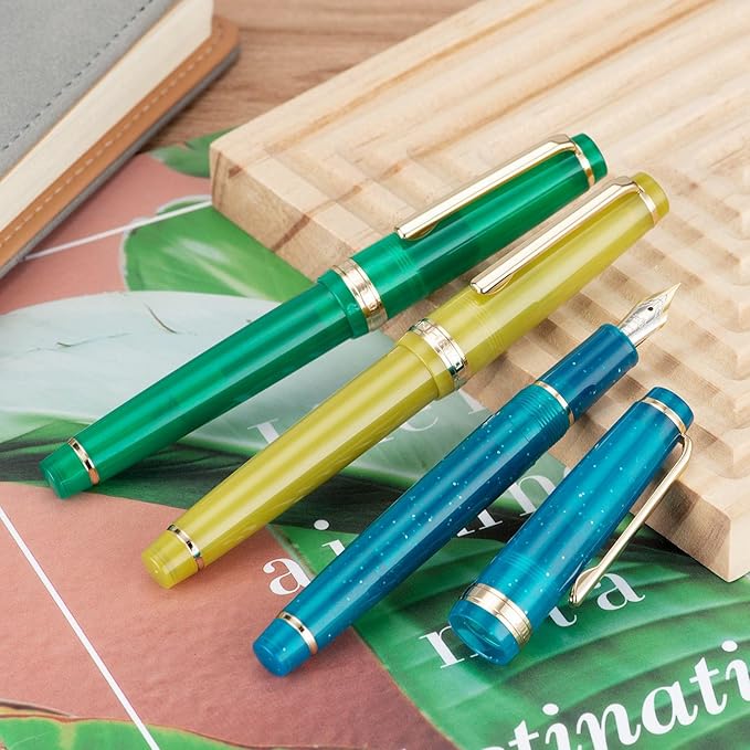 Jinhao 82 Acrylic Fountain Pen, Iridium Fine Nib with Ink Converter, Transparent Peacock Blue Fluorescent Classic Design Smooth Writing Pen (Gold Trim)