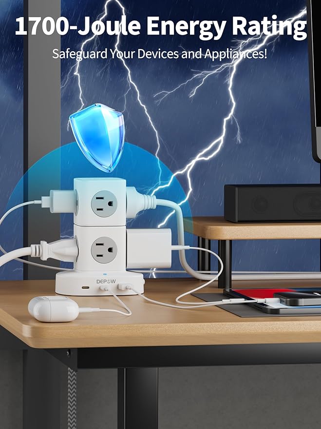 Power Strip Tower Surge Protector with 9 Outlets 3 USB (2 USB C), 5Ft Braided Extension Cord with Multiple Outlets, 1700J Surge Protection, Detachable Charging Station for Home Office Dorm