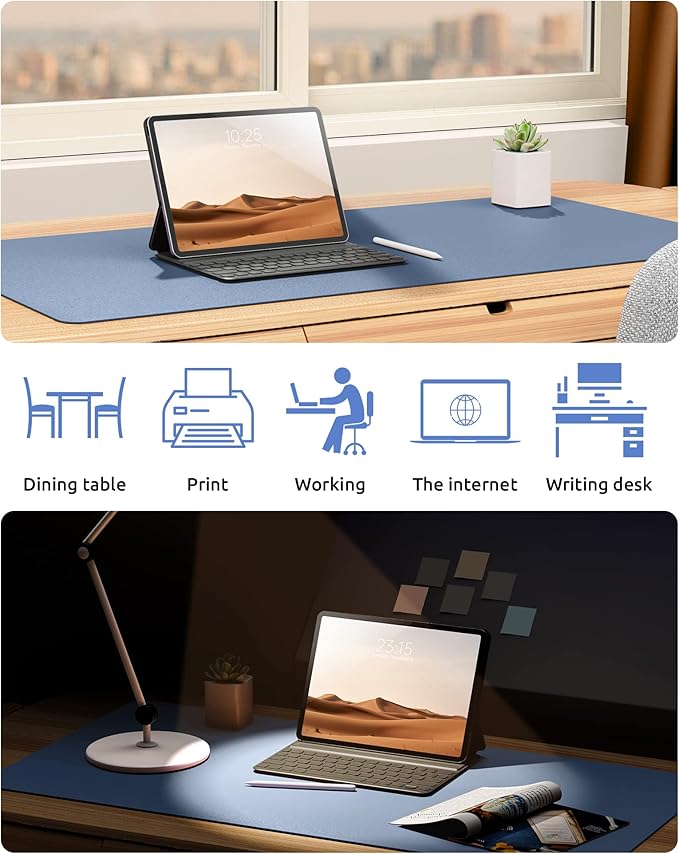 YSAGi Leather Desk Protector, Office Mat, Large Mouse Mat, Non-Slip PU Leather Blotter, Laptop Desk, Waterproof Writing Pad for Office and Home (Blue, 23.6" x 13.8")