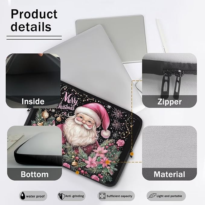 Christmas Laptop Protective Sleeve for Women 12 inch Portable Computer Sleeve Neoprene Lap Top Case Santa Claus Computer Carrying Case Suitable for Travel Office Pouch