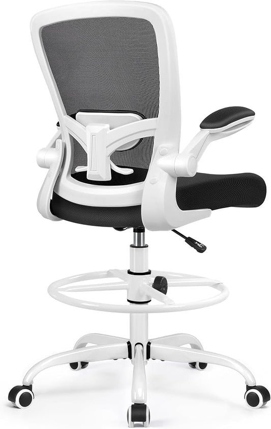 FelixKing Drafting Chair Ergonomic Tall Office Chair, Breathable Mesh Chair with Adjustable Footrest Ring Lumbar Support Flip-up Armrests, High Back Executive Comfy Task Computer Chair for Home Office