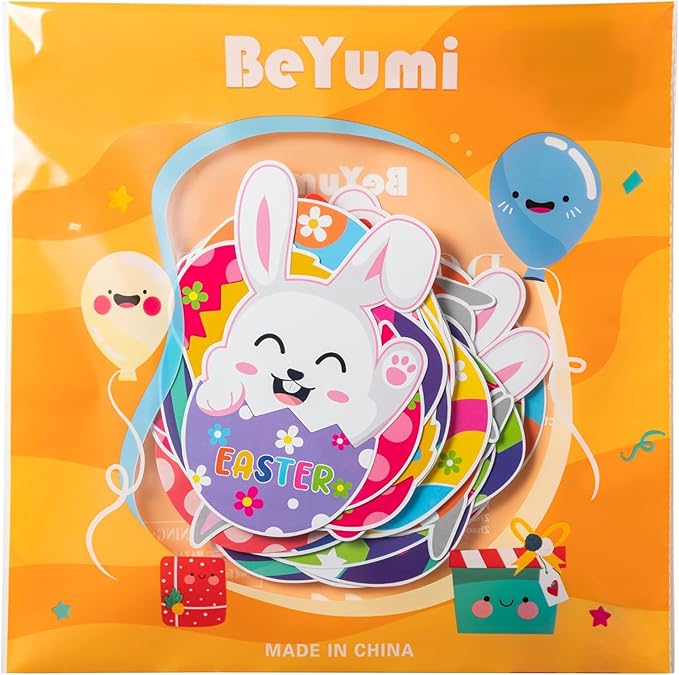 BeYumi 45Pcs Easter Egg Cutouts Bulletin Board Decoration Set Colorful Bunny Chick Decals Stickers DIY Cardstock Paper Cutout Happy Easter Egg Hunt Game Party Supplies Decor for Classroom Bedroom