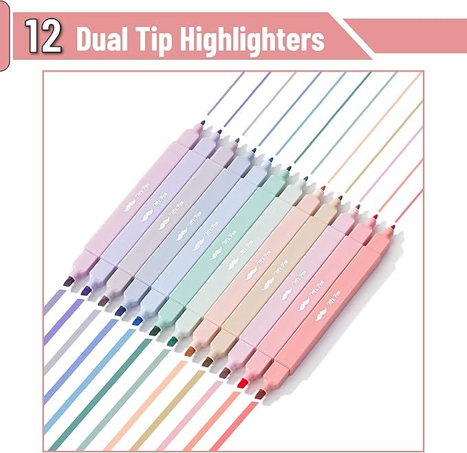 Mr. Pen- Dual Tip Aesthetic Highlighters, 12 Pack, Chisel & Fine Tips, Joyful Earth, Cute Highlighters Assorted Colors, Cute Highlighters for School Highlighters, Highlighter Set, Pastel Highlighters