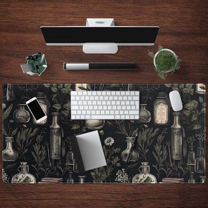 Black Aesthetic Desk Mat Black Vintage Desk Pad Large Gaming Flower Mouse Pad XXL Plant Wildflower Mousepad Extended Laptop Computer Mouse Keyboard Mat for Women Girl Office Desk Decor 31.5x15.8 in