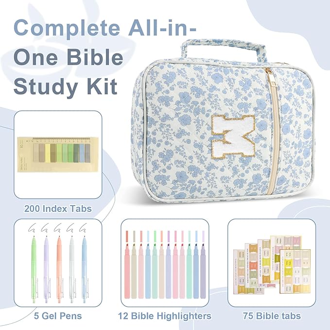 Personalized Initial Bible Cover Case for Women Girls Kid - Large Quilted Bible Case with Handle, Stylish Chenille Letter Bag Study Supplies, Perfect Christmas Gifts for Christians (Blue Flower-M)