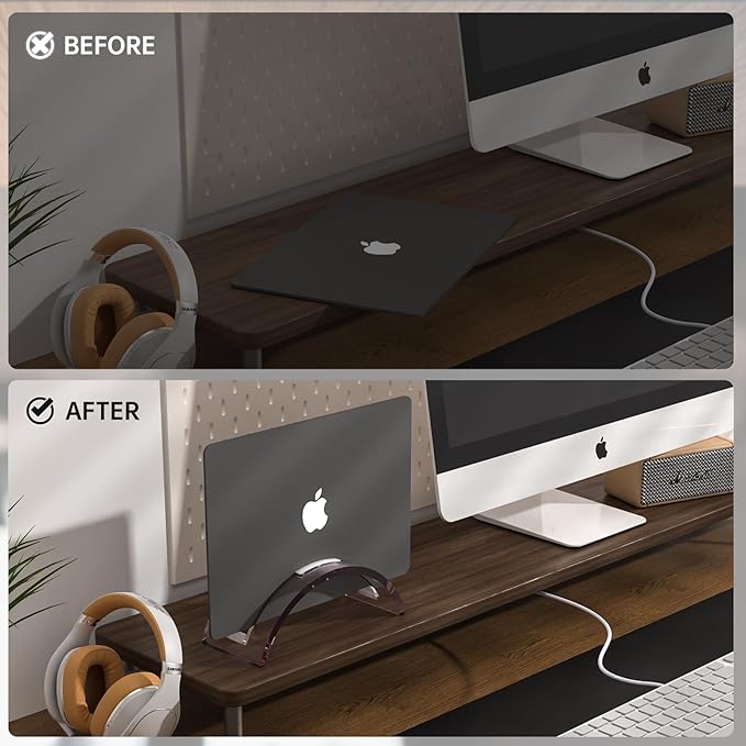 Pink Acrylic Vertical Laptop Stand, Premium Transparent Desktop Notebook Dock, Space-Saving Vertical Laptop Holder for MacBook, IPAD, Book