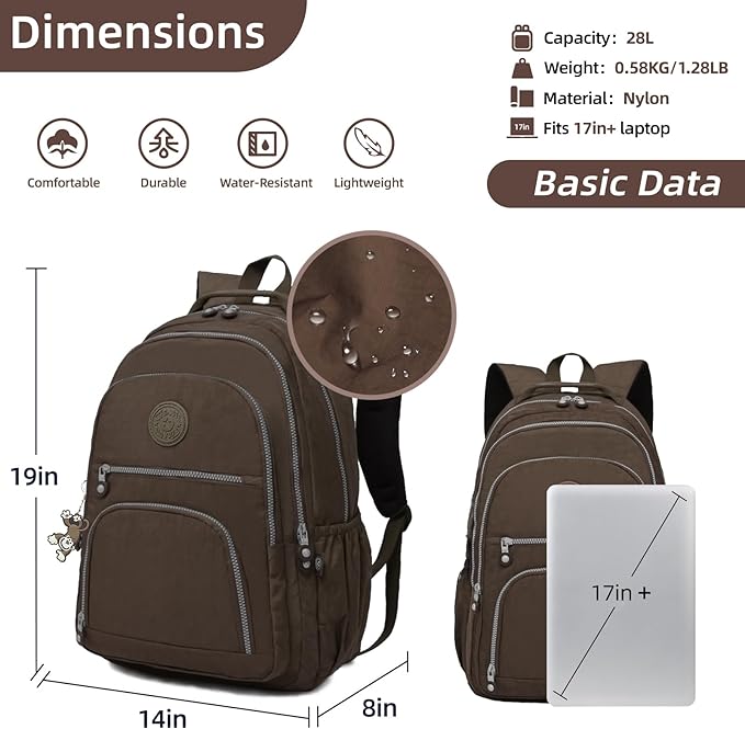 Casual Lightweight Travel Laptop Backpacks Water Resistant Large Nylon Backpack for Men Women Hiking Camping Cycling Packback Daypack, Fits 17.3 Inch Laptop and Notebook - Coffee